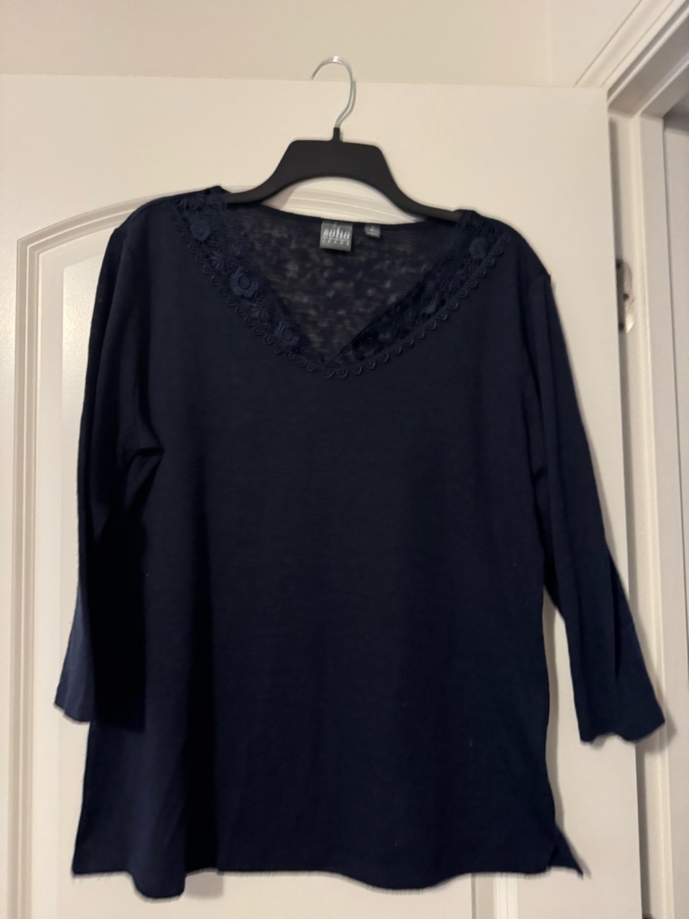 Soho Dark Navy V-Neck Long Sleeve Top with Lace Trim